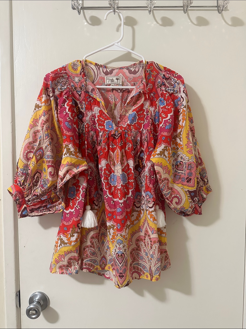 Millie Red Boho Pattern Top With Puffed Shoulders And Pom Pom Ties